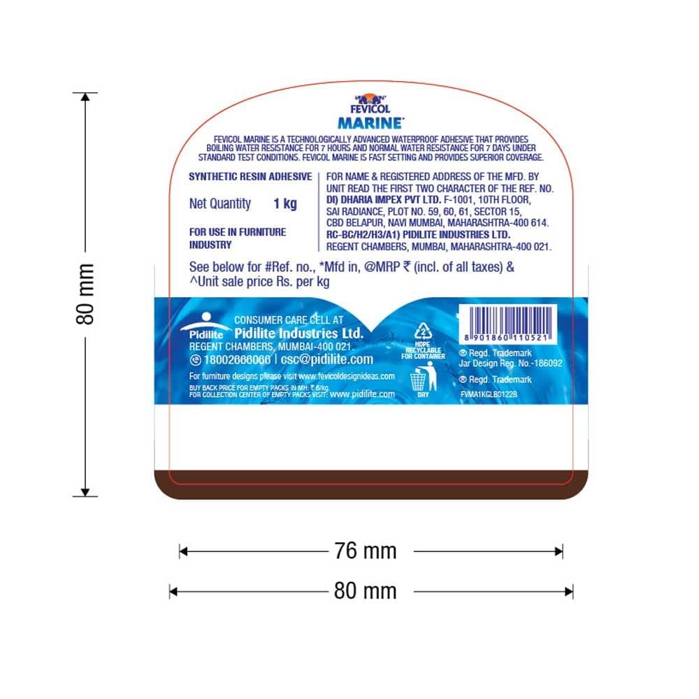 Fevicol Marine Waterproof Adhesive - Bonding laminate, plywood, veneer, particleboard, MDF, block board, hard board to each other. | Non-furniture Industries such as Bus body building where wood is used  Wooden cabinet for Television and Radio, wooden framing of wall clock | Approx.34 – 38 sq.ft/kg (both side application) | When not in use, container should be kept closed. | Skin formation if any, should be removed from the surface before use. - View 2