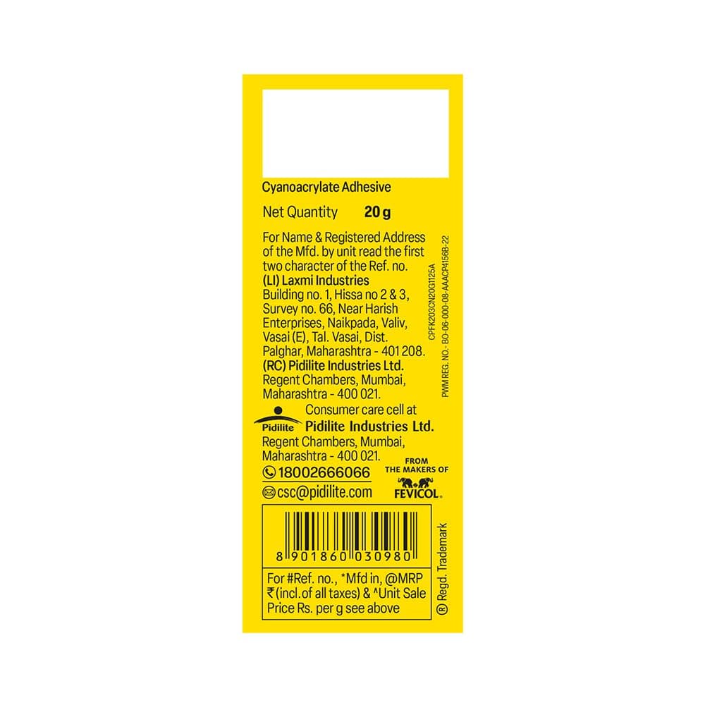 Fevikwik Pidilite Fevikwik 203 Cyanoacrylate Adhesive 20 ml - Fevikwik 203 is suitable for bonding plastics, metal and rubber components. It can be also used to lock components which are already assembled. It has typical applications in molded furniture, sign boards, gift articles, Besides this it is also used | 9 months from manufacture in sealed condition and dry and cool (<25℃) storing condition. | 20 ml - View 3