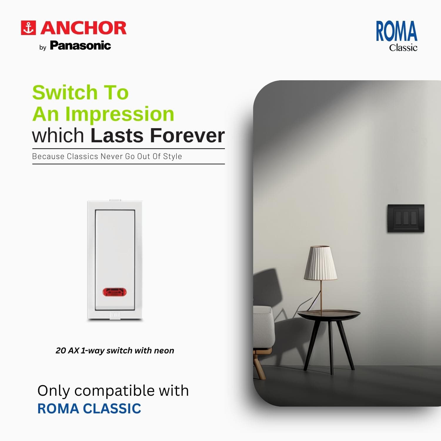Anchor by Panasonic Anchor ROMA 20A 1 Way Switch with Neon - View 2
