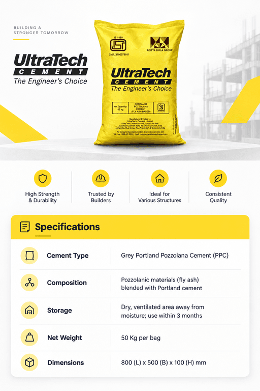 Ultratech PPC Cement Bag, 50 Kg - Use within 3 Months (Store in Dry, ventilated area away from Moisture) | 50 Kg | PPC Cement - View 4