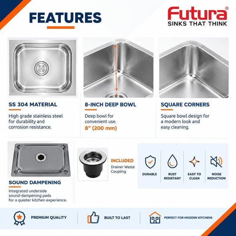Futura Dura Single Bowl Square Sink- DURA - View 4