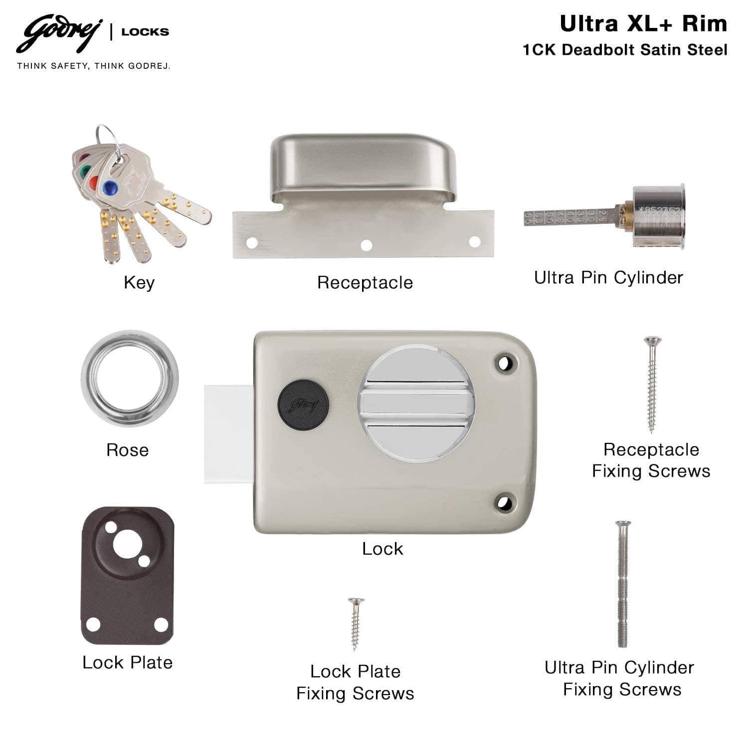 Godrej 2339 Satin Nickel Finish Rim Deadbolt Ultra XL+1CK Deadbolt - View 4