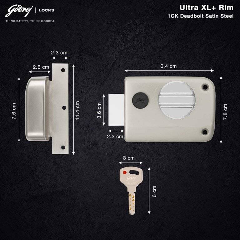 Godrej 2339 Satin Nickel Finish Rim Deadbolt Ultra XL+1CK Deadbolt - 60 mm | Rim lock – Deadbolt Ultra XL+ (single deadbolt), 1CK | 2339 - View 6