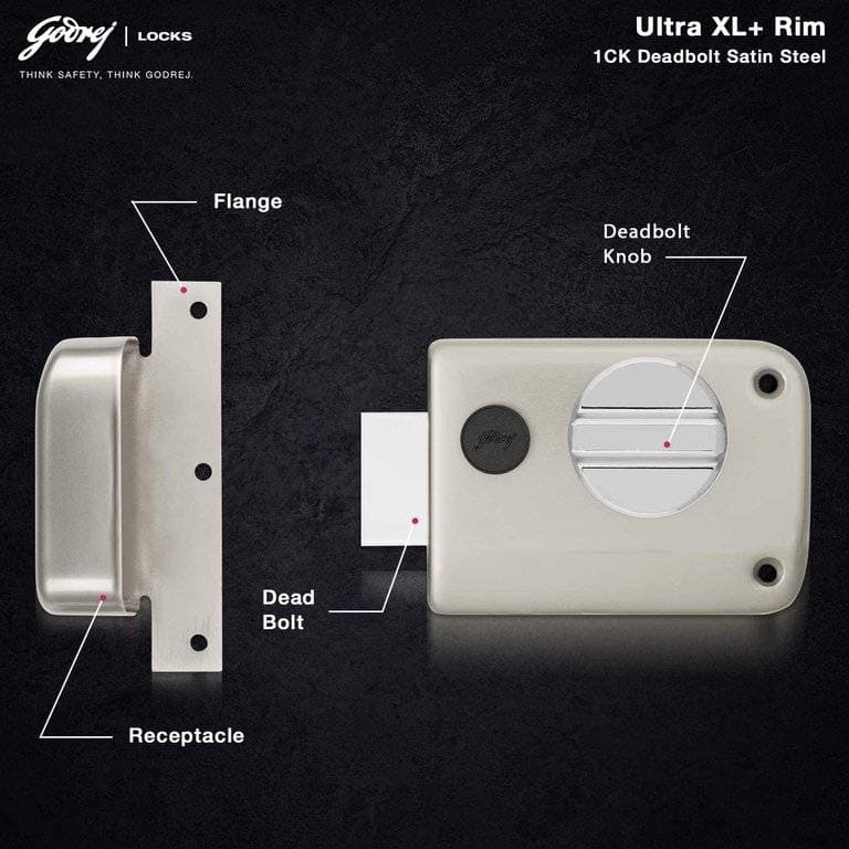 Godrej 2339 Satin Nickel Finish Rim Deadbolt Ultra XL+1CK Deadbolt - 60 mm | Rim lock – Deadbolt Ultra XL+ (single deadbolt), 1CK | 2339 - View 7