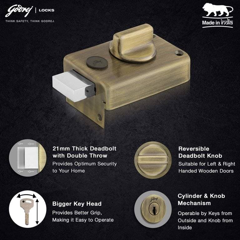 Godrej 2341 Antique Brass Finish Single Shaft 1CK Deadbolt lock - View 5