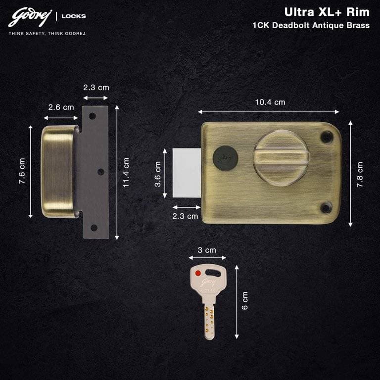 Godrej 2341 Antique Brass Finish Single Shaft 1CK Deadbolt lock - 60 mm | Rim lock – Deadbolt Ultra XL+ (single deadbolt), 1CK | 2341 - View 6