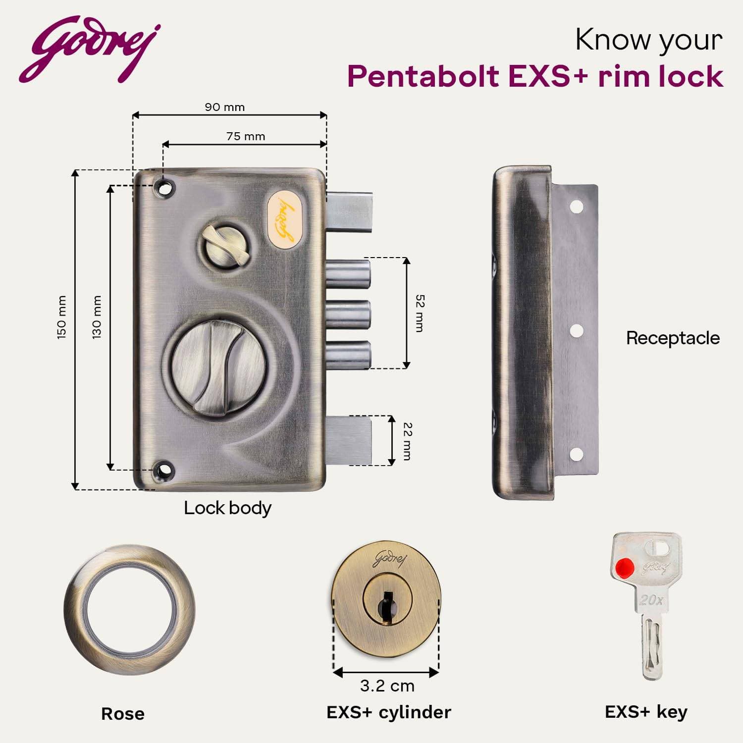Godrej 3348 EXS+ Technology Pentabolt 1 CK Deadbolt Rim Lock - 60 mm | Rim lock (main door) – EXS Pentabolt (5 bolts), 1CK Deadbolt | 3348 - View 6