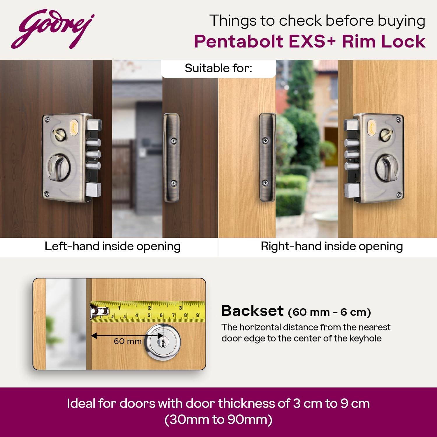 Godrej 3348 EXS+ Technology Pentabolt 1 CK Deadbolt Rim Lock - 60 mm | Rim lock (main door) – EXS Pentabolt (5 bolts), 1CK Deadbolt | 3348 - View 7