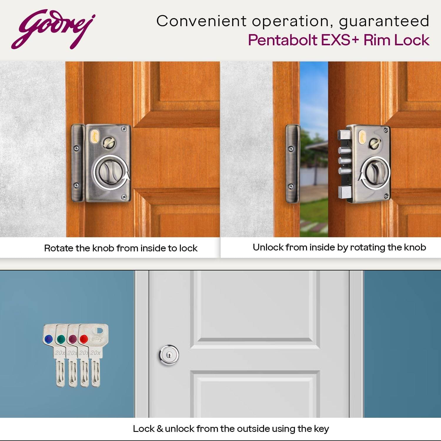Godrej 3348 EXS+ Technology Pentabolt 1 CK Deadbolt Rim Lock - 60 mm | Rim lock (main door) – EXS Pentabolt (5 bolts), 1CK Deadbolt | 3348 - View 8