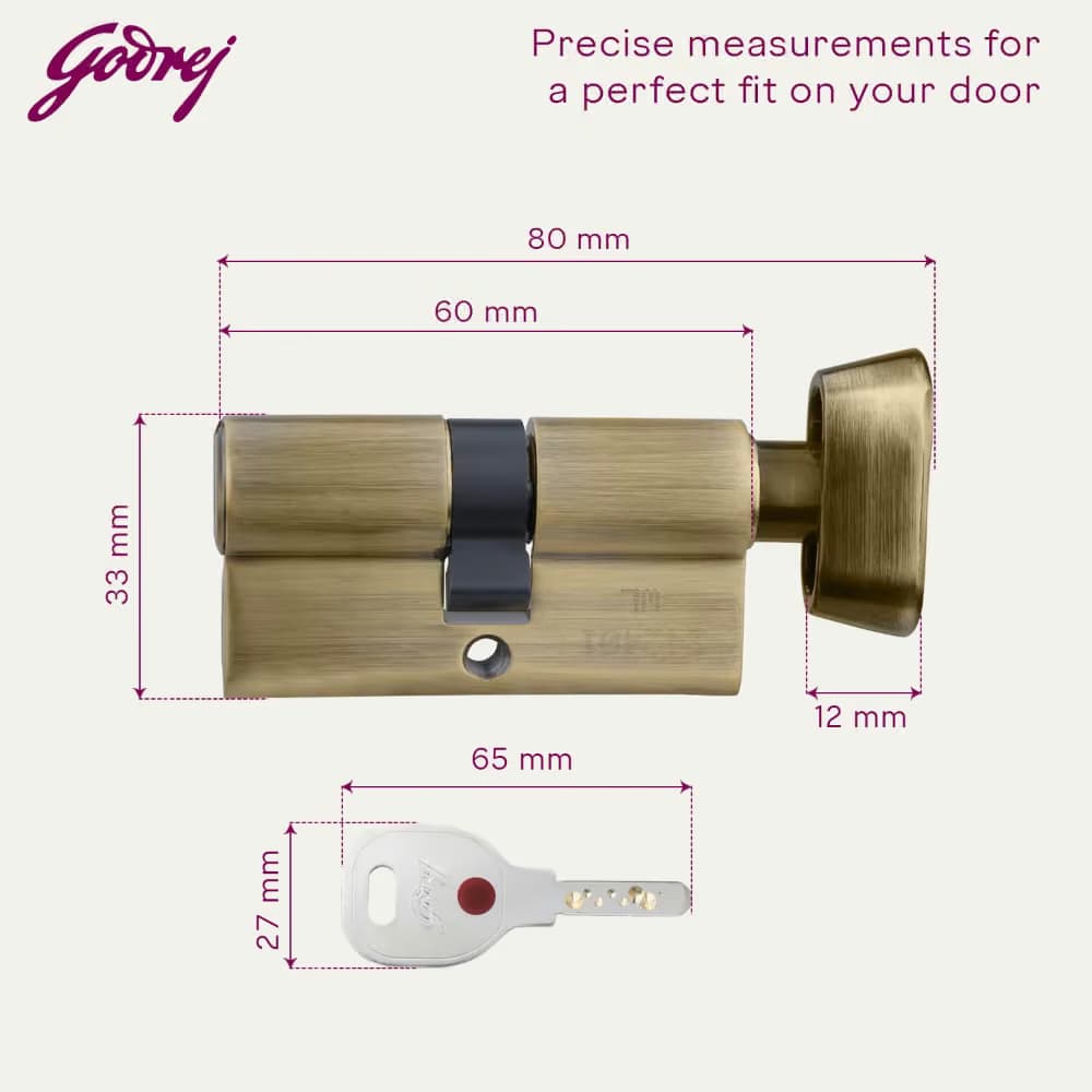Godrej 4235 Antique Cylinder-1CK 60mm - 60 mm | Euro-profile pin cylinder 60 mm – 1CK (key outside, knob inside), for mortise lock body | Brass - View 8