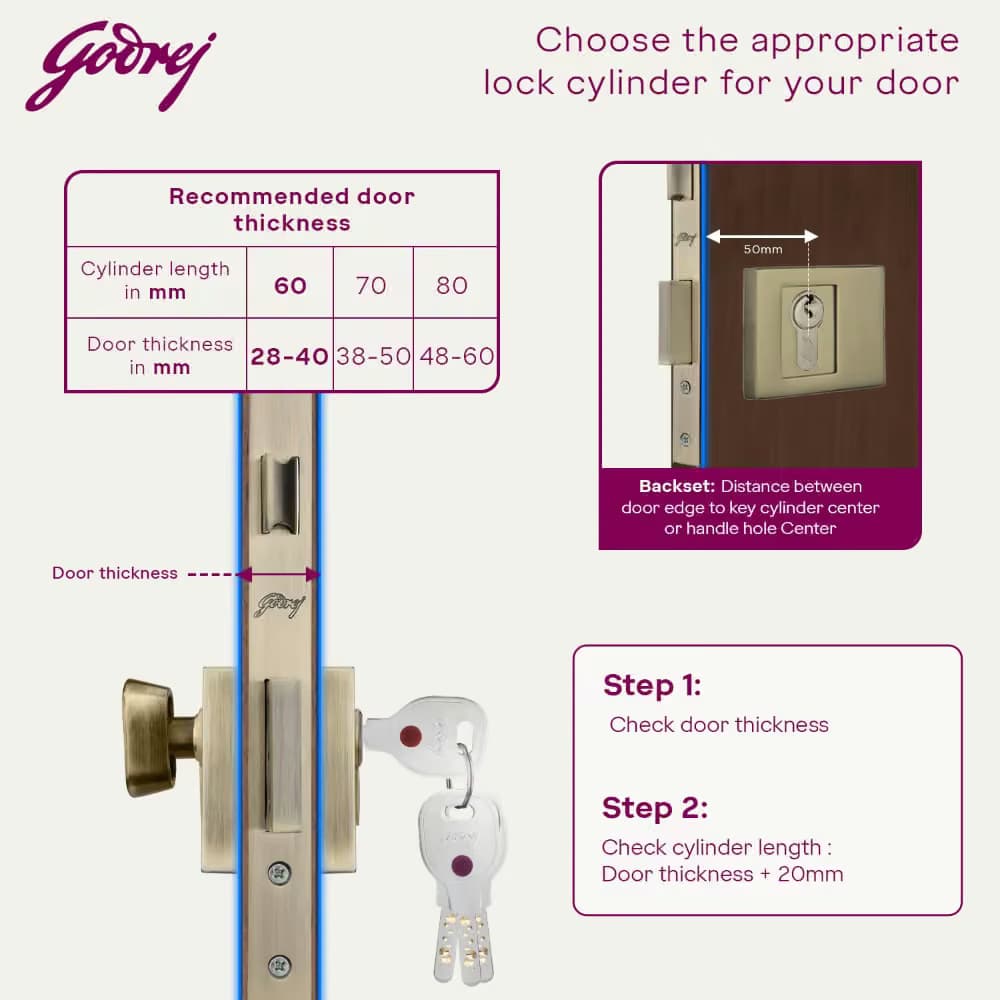 Godrej 4235 Antique Cylinder-1CK 60mm - 60 mm | Euro-profile pin cylinder 60 mm – 1CK (key outside, knob inside), for mortise lock body | Brass - View 6