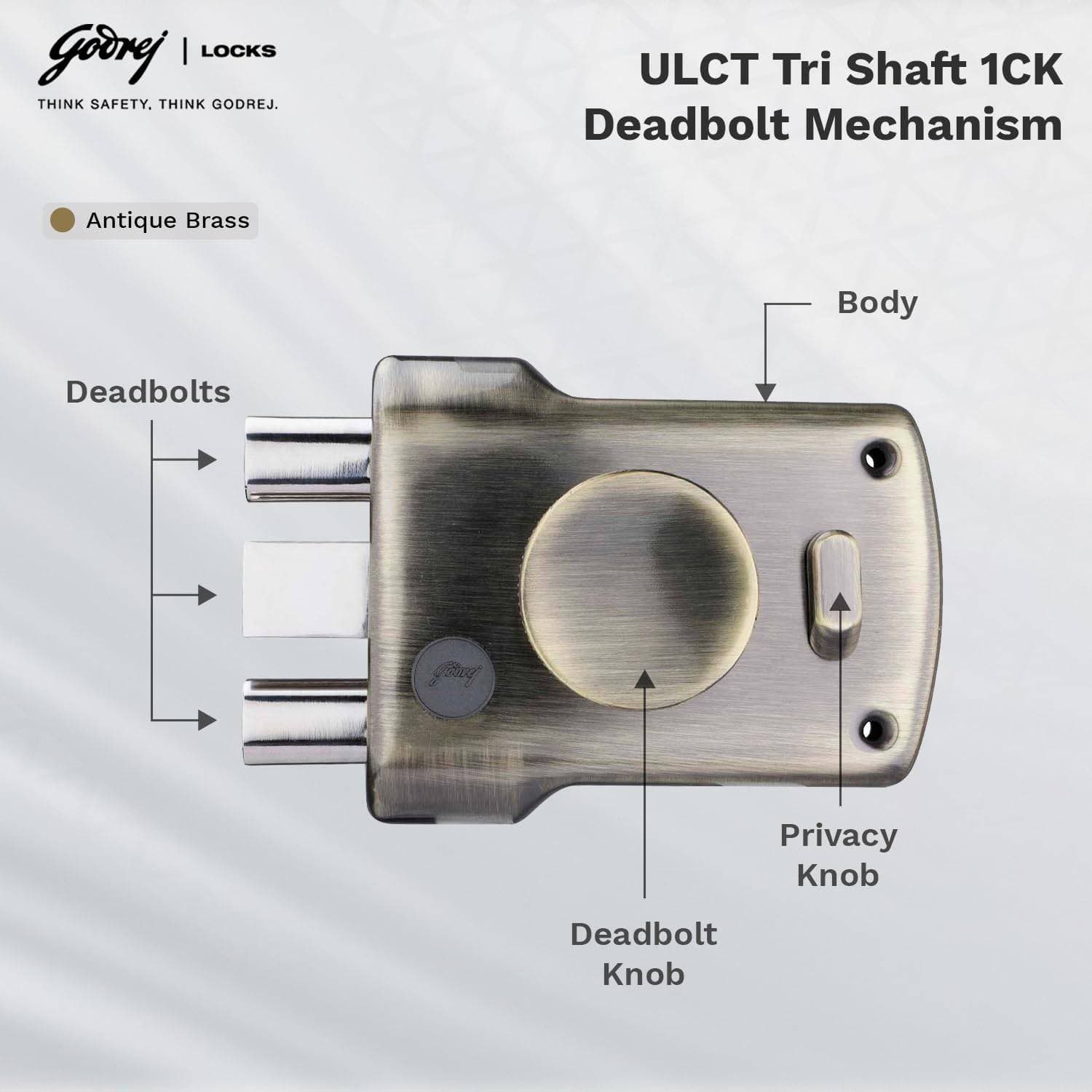 Godrej 5123 Antique Brass Finish ULCT Technology Tri Shaft 1CK Tribolt with Latch Rim lock - View 4