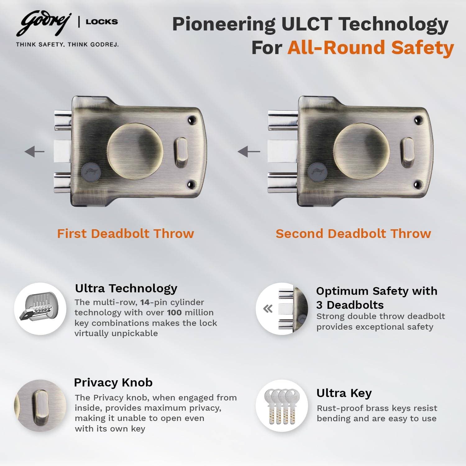 Godrej 5123 Antique Brass Finish ULCT Technology Tri Shaft 1CK Tribolt with Latch Rim lock - View 5