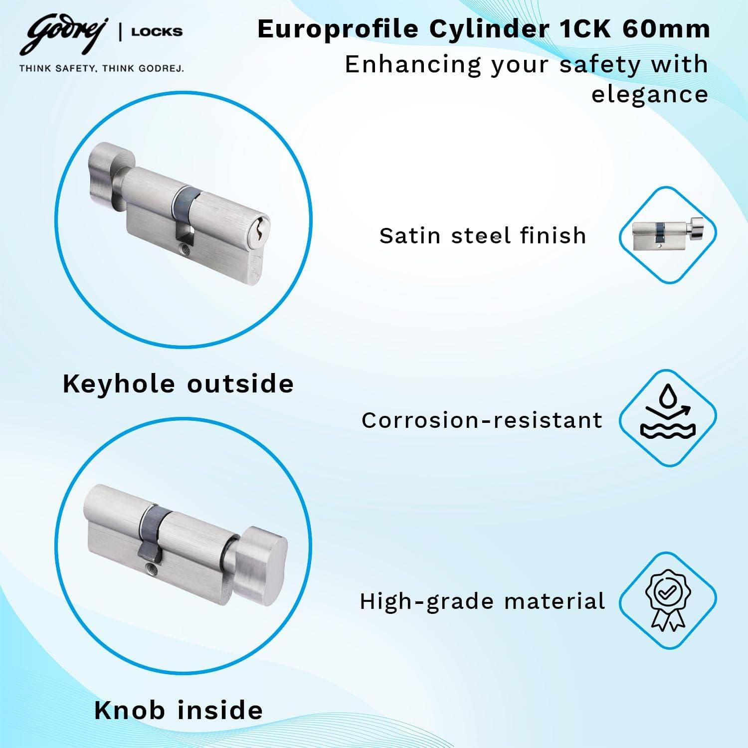 Godrej 5476 Satin Steel Finish Matte Cylinder-1CK 60mm - View 3