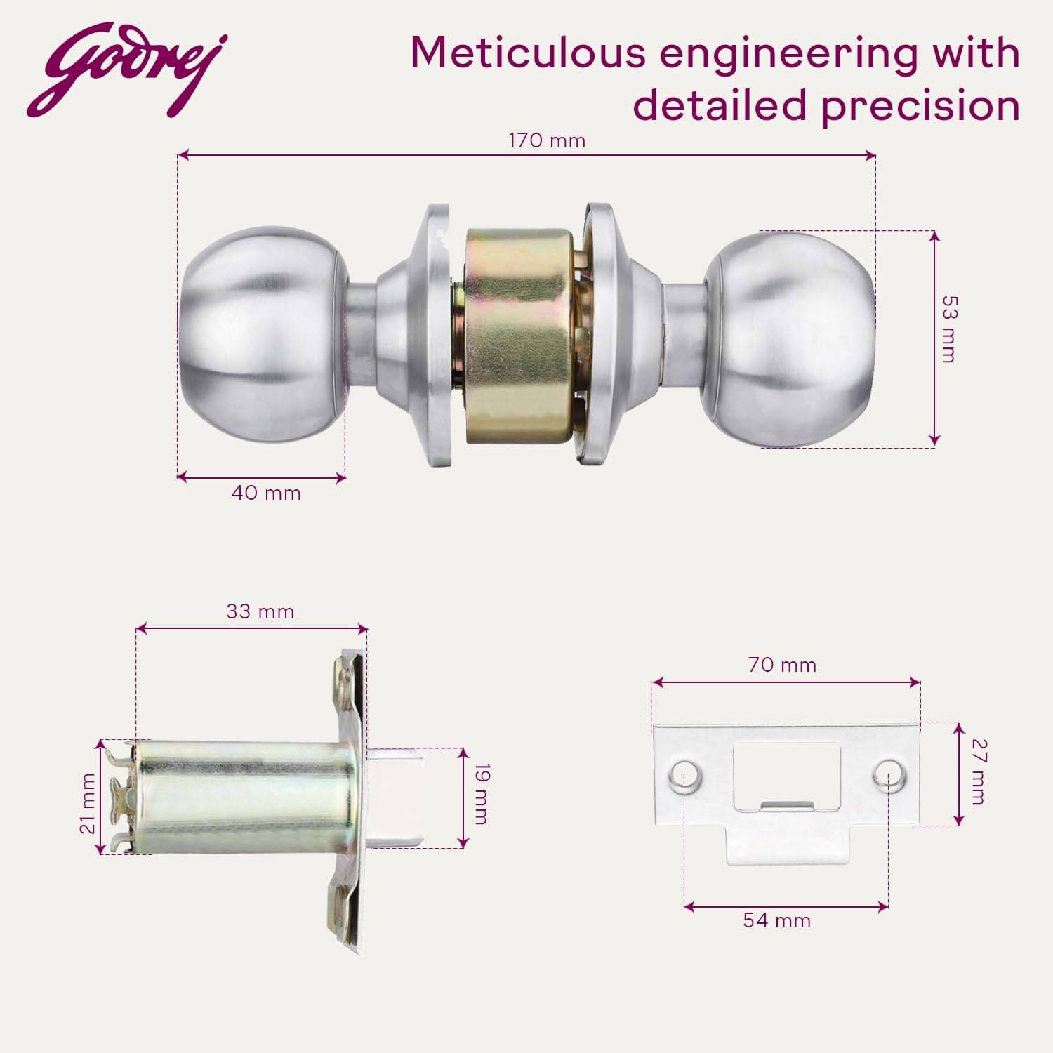 Godrej 5805 SS Matte  Keyless Cylindrical Lock w/o Key - Cylindrical knob lock – keyless (bathroom / privacy), 60 mm backset | Stainless Steel | 5805 - View 6