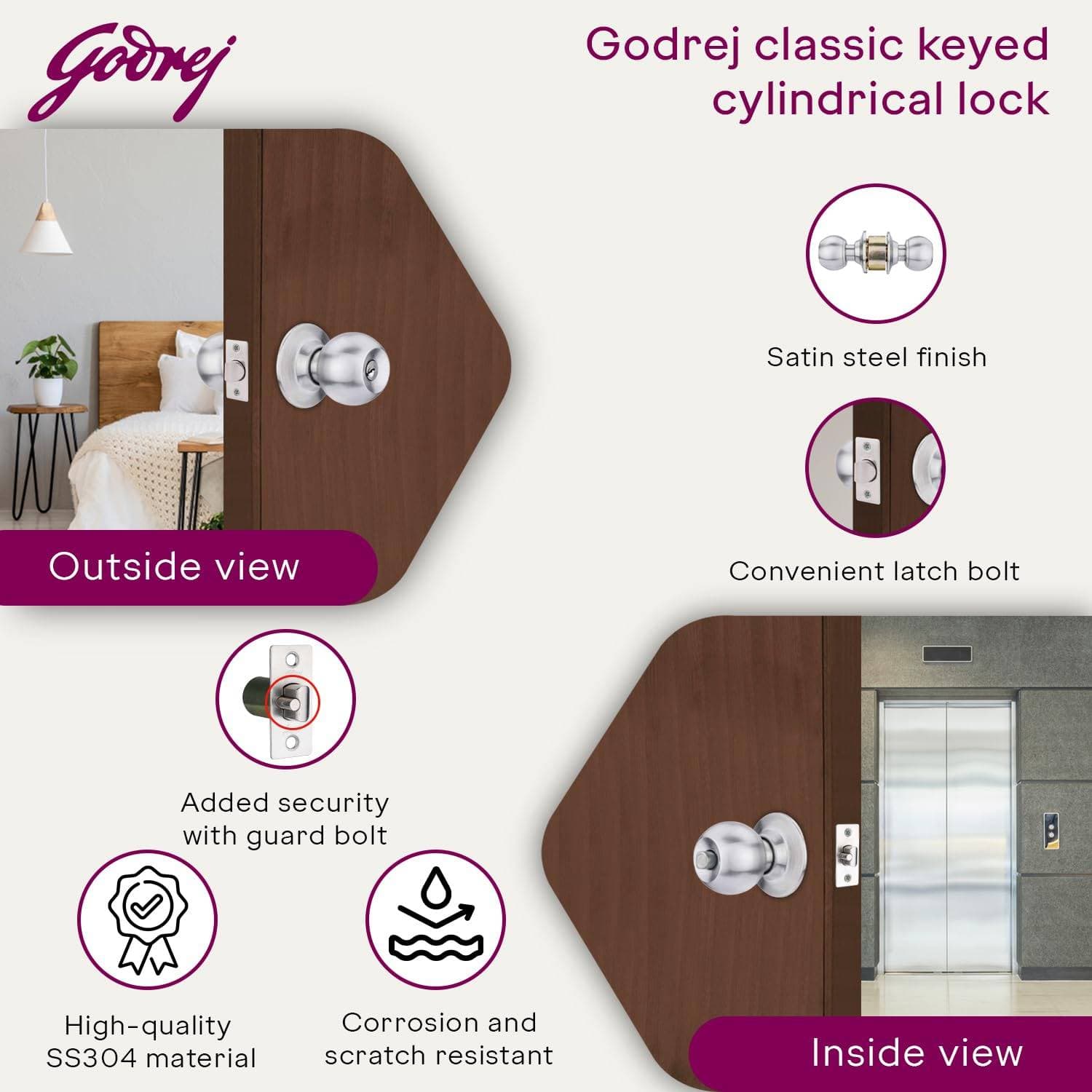 Godrej 5808 SS Matte Cylindrical Knob Lock With Key - View 4