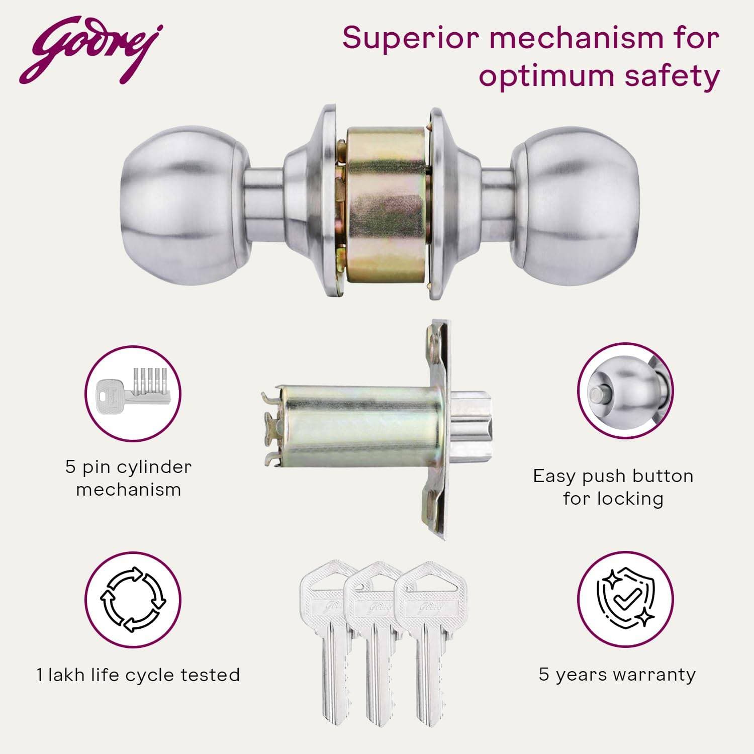 Godrej 5808 SS Matte Cylindrical Knob Lock With Key - View 5