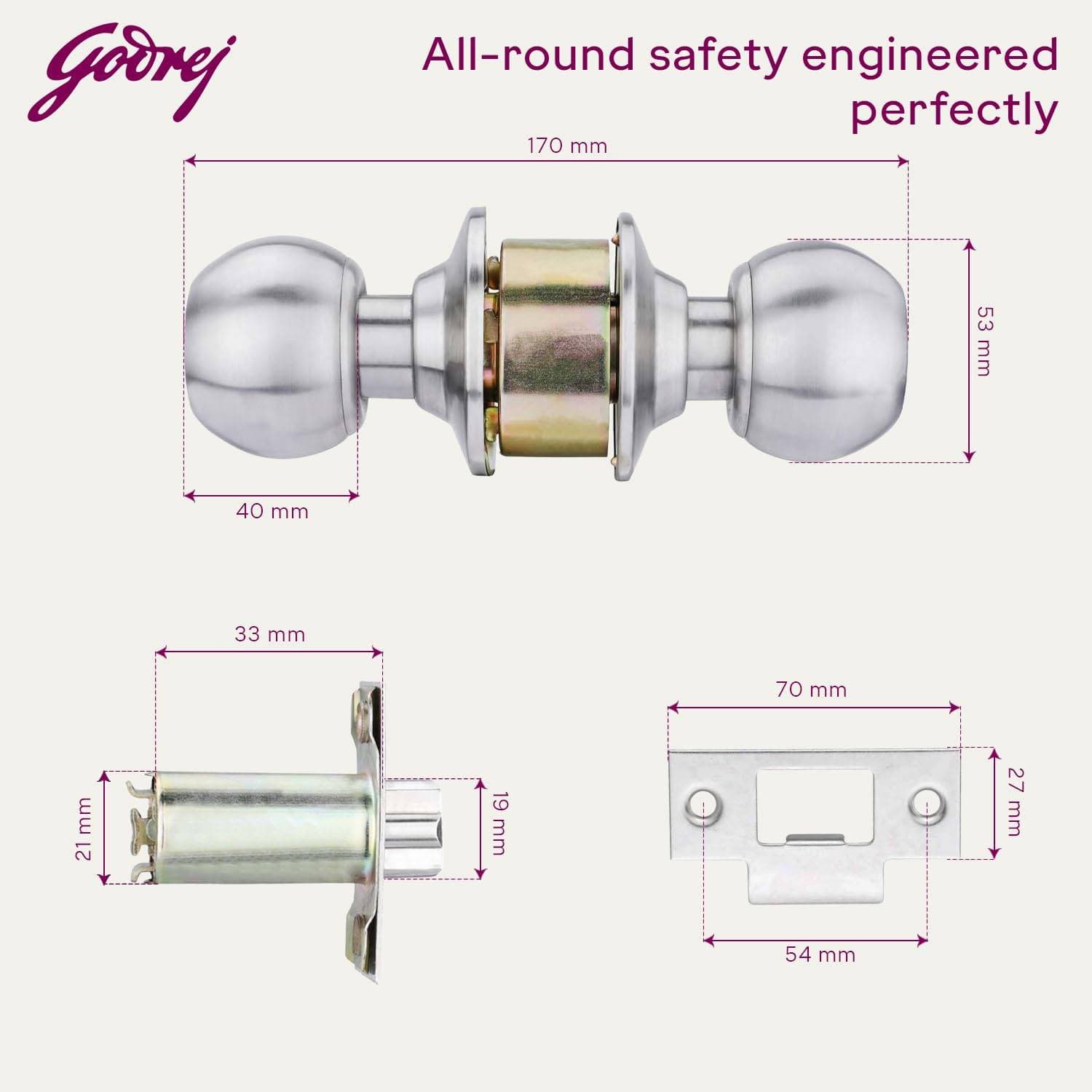 Godrej 5808 SS Matte Cylindrical Knob Lock With Key - Cylindrical knob lock – keyed, 60 mm backset | Stainless Steel | 5808 - View 7