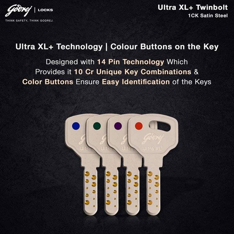 Godrej 6084 Satin Nickel Finish Twinbolt Ultra XL+1CK Latch bolt Lock - 60 mm | Rim lock – Twinbolt Ultra XL+, 1CK Deadbolt (2 bolts) | 6084 - View 8