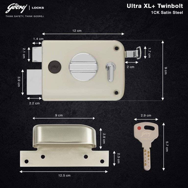Godrej 6082 Satin Nickel Finish Twin Bolt 1CK Rimlock - 60 mm | Rim lock – Twinbolt Ultra XL+, 1CK Latchbolt (inside opening) | Stainless Steel - View 6