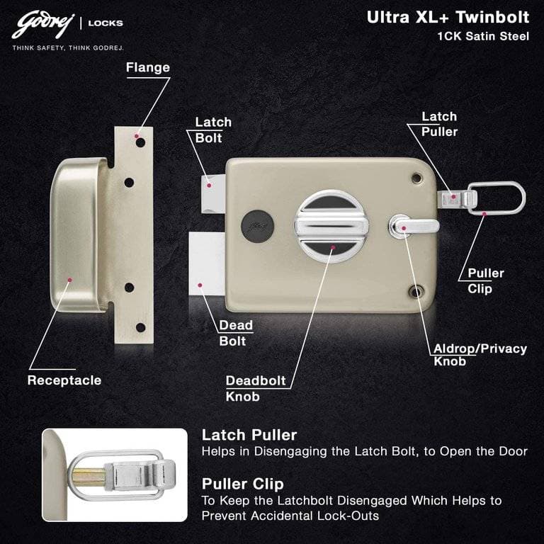 Godrej 6084 Satin Nickel Finish Twinbolt Ultra XL+1CK Latch bolt Lock - View 5