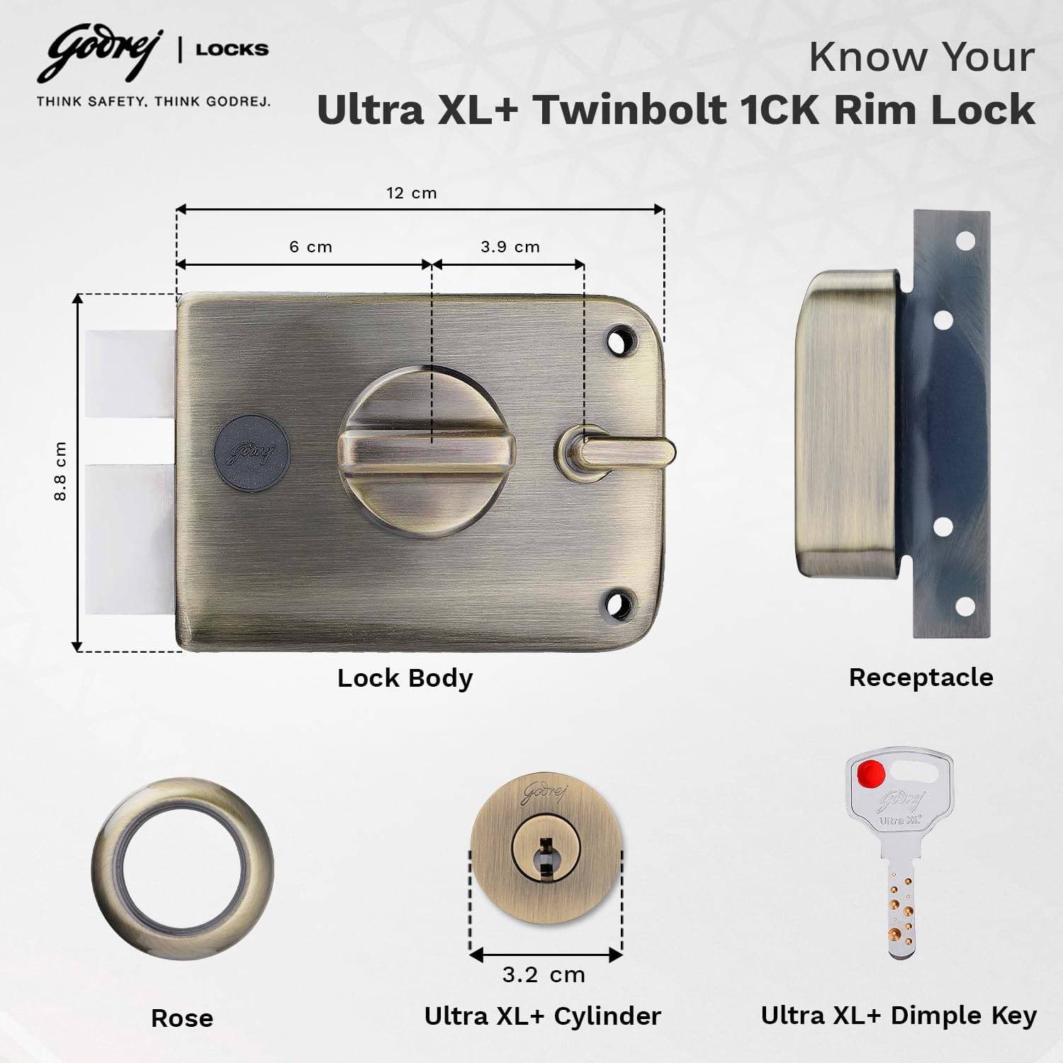 Godrej 6085 Antique Brass Finish Twinbolt Ultra XL+ 1CK Deadbolt lock - View 5