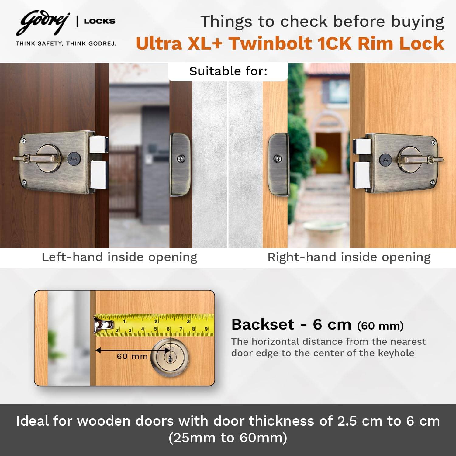 Godrej 6085 Antique Brass Finish Twinbolt Ultra XL+ 1CK Deadbolt lock - 60 mm | Rim lock – Twinbolt Ultra XL+, 1CK Deadbolt (2 bolts) | 6085 - View 6
