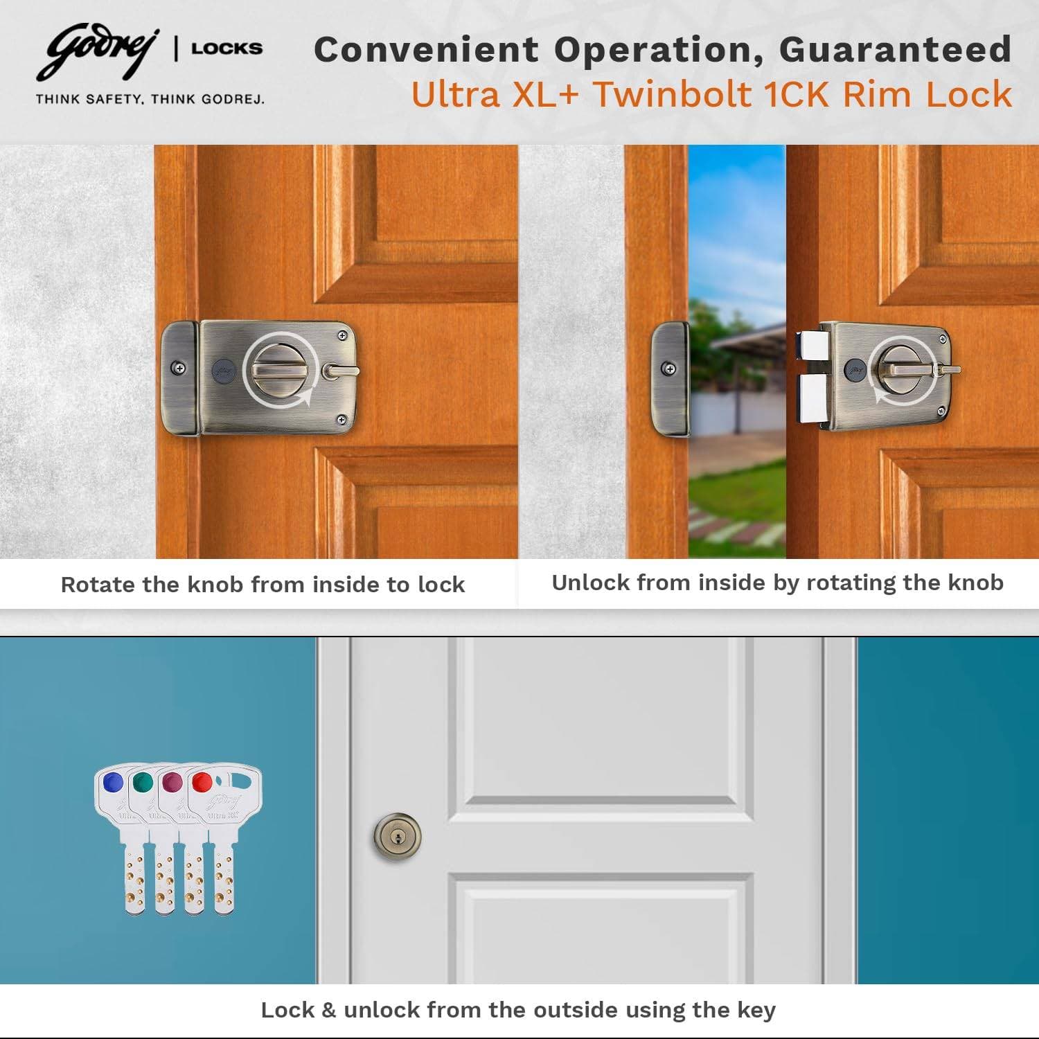 Godrej 6085 Antique Brass Finish Twinbolt Ultra XL+ 1CK Deadbolt lock - 60 mm | Rim lock – Twinbolt Ultra XL+, 1CK Deadbolt (2 bolts) | 6085 - View 7