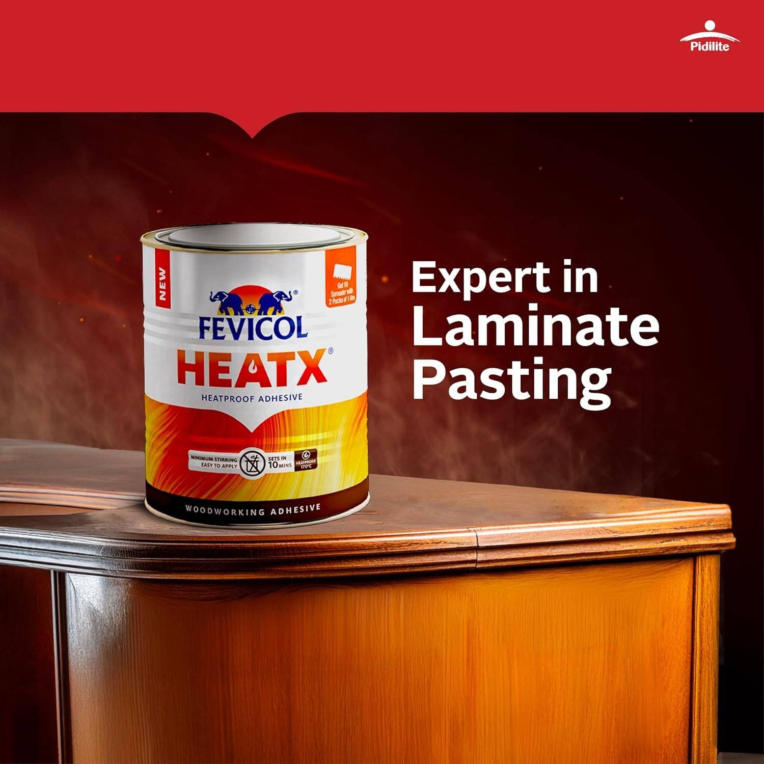 Fevicol HeatX Heatproof Adhesive - Best used for all kinds of lamination, especially the ones with a lot of heat exposure, Ideal for vertical lamination applications | 40 sq. feet/ liter approx. for large surface like laminate | Use in well-ventilated area, avoid prolonged breathing of vapors. Do not use near fire or source of ignition and refrain from smoking. Keep out of reach of children. - View 6