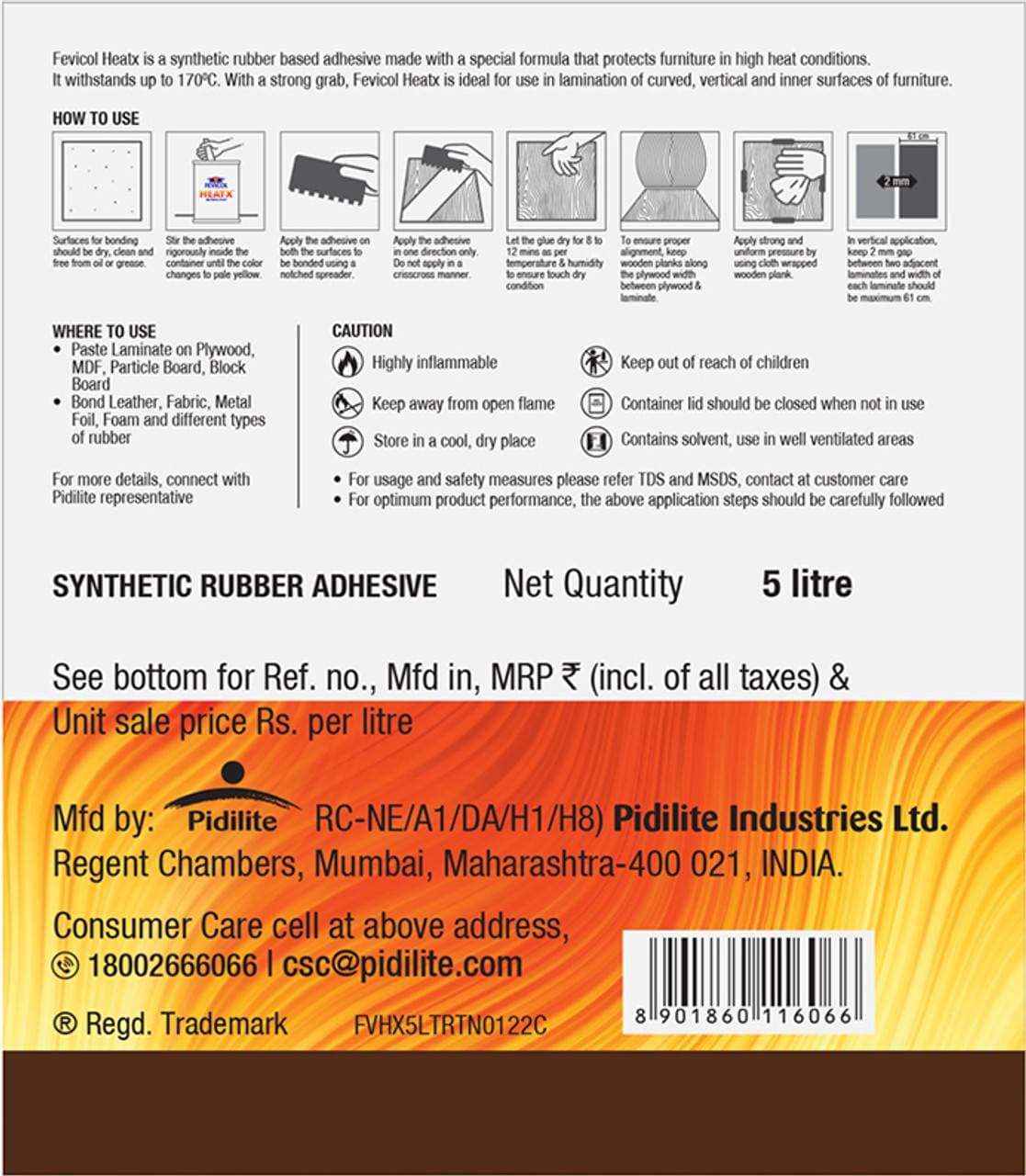 Fevicol HeatX Heatproof Adhesive - Best used for all kinds of lamination, especially the ones with a lot of heat exposure, Ideal for vertical lamination applications | 40 sq. feet/ liter approx. for large surface like laminate | Use in well-ventilated area, avoid prolonged breathing of vapors. Do not use near fire or source of ignition and refrain from smoking. Keep out of reach of children. - View 14