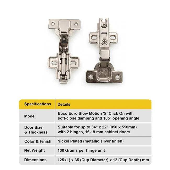 EBCO Soft Close Cabinet Hinge 1 set (2 Nos) - Cabinet Hinge | 0 Crank (HSMS1A) | Kg - View 6