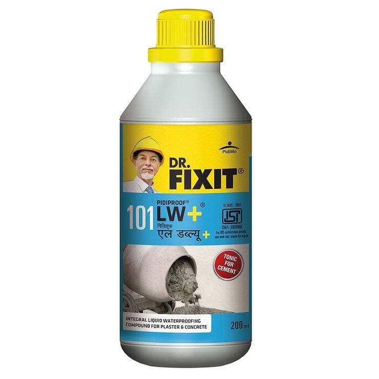 Dr.Fixit 101 Pidiproof LW+ - Waterproofing of concrete and sand-cement mortars used in | Basements, | Roof slabs and screeds, | Water tanks & water retaining structures, | External plastering, | Bathrooms and balconies, | Sumps and drains | Do not add Dr. Fixit Pidiproof LW+ directly to dry cement & aggregate mix. | Maintain water-cement ratio as low as possible. | Do not increase the dosage of Dr. Fixit Pidiproof LW+ than the recommendation | Best before 2 years from the date manufacture - View 8