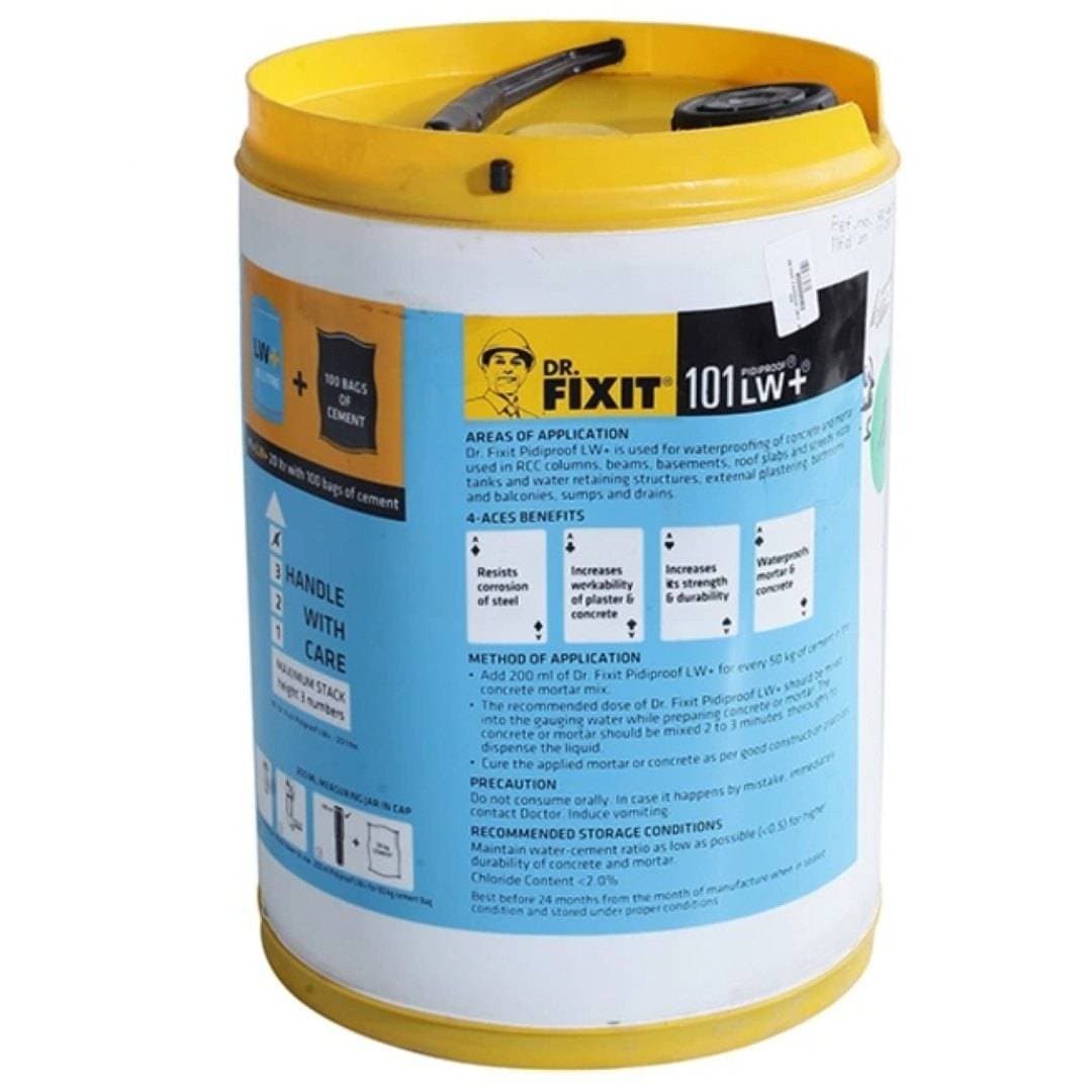 Dr.Fixit 101 Pidiproof LW+ - Waterproofing of concrete and sand-cement mortars used in | Basements, | Roof slabs and screeds, | Water tanks & water retaining structures, | External plastering, | Bathrooms and balconies, | Sumps and drains | Do not add Dr. Fixit Pidiproof LW+ directly to dry cement & aggregate mix. | Maintain water-cement ratio as low as possible. | Do not increase the dosage of Dr. Fixit Pidiproof LW+ than the recommendation | Best before 2 years from the date manufacture - View 6