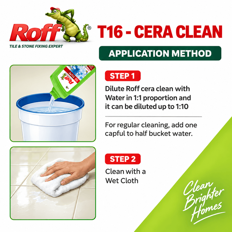 Roff T16 Cera Tile & Ceramic Cleaner - It is recommended to use Roff Cera Clean tile cleaner by diluting it with water. It is a rapid-action formula that protects the colour and natural shine of the tile. | Keep out of reach of children. Wear suitable protective clothing, gloves and eyes/face protection. After contact with skin, wash immediately with plenty of clean water. In case of contact with eyes rinse immediately with plenty of clean water and see | 12 months for sealed pack when stored under cover, out of direct sunlight, dampproof condition and protect from extremes of temperature - View 8